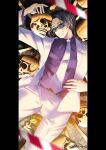  1boy absurdres belt blurry blurry_foreground bone grin highres human_bug_daigaku kitou_jouji lying male_focus mcrsmpi necktie on_back pants purple_shirt red_eyes shirt short_hair skull smile solo suit sunglasses white_necktie white_pants white_suit 