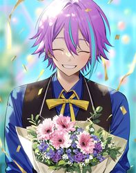  1boy aqua_hair asymmetrical_bangs black_vest blurry blurry_background blush bouquet closed_eyes collared_shirt commentary confetti earrings facing_viewer flower hk_(wgyz7222) holding holding_bouquet jewelry kamishiro_rui long_sleeves male_focus neck_ribbon pink_flower project_sekai purple_flower purple_hair ribbon shirt short_hair smile solo teeth upper_body vest yellow_ribbon 