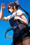  1girl absurdres airpods alternate_costume arm_up bag black_hair blue_overalls blue_sky blurry breasts closed_mouth depth_of_field earrings eyewear_on_head facing_to_the_side floating_hair from_below from_side ganet_p genshin_impact green_eyes handbag highres jewelry long_hair looking_ahead mona_(genshin_impact) overalls red-tinted_eyewear shading_eyes shirt sky solo sunglasses sweat tinted_eyewear twintails very_long_hair white_shirt wireless_earphones 