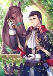  1boy absurdres animal ascot belt black_eyes black_hair capelet collar commission commissioner_upload fire_emblem fire_emblem:_thracia_776 food fruit highres horse kh_kyo_hibiki non-web_source reinhardt_(fire_emblem) skeb_commission sword weapon 