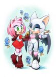  2girls amy_rose bat_wings bird blue_eyes boots brown_footwear brown_gloves cosmetics dress finik gloves green_eyes highres holding holding_lipstick_tube lipstick_tube multiple_girls open_mouth red_dress rouge_the_bat sonic_(series) teeth upper_teeth_only wings 