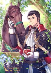  1boy absurdres animal apple ascot belt black_eyes black_hair capelet collar commission commissioner_upload fire_emblem fire_emblem:_thracia_776 food fruit highres horse kh_kyo_hibiki non-web_source reinhardt_(fire_emblem) skeb_commission 