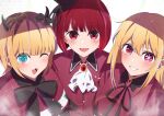  3girls :3 arima_kana ascot black_bow black_bowtie black_ribbon blonde_hair blue_eyes blunt_bangs blush bob_cut bow bowtie chromatic_aberration clenched_teeth collared_shirt commentary_request dated demon_horns fake_horns fang film_grain hair_between_eyes hat highres horns hoshino_ruby lens_flare light_particles long_hair looking_at_viewer memcho mini_hat mismatched_pupils multiple_girls neck_ribbon one_eye_closed open_mouth oshi_no_ko pink_eyes red_brooch red_shirt redhead ribbon shade shirt short_hair short_sleeves sidelocks simple_background smile star-shaped_pupils star_(symbol) symbol-shaped_pupils teeth twitter_username upper_body w white_ascot white_background yuriru 