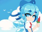  1girl bird blue_eyes blue_hair blush bow cirno clouds food fruit hair_ornament holding ice looking_at_viewer minimilieu pixel_art portrait shirt short_hair smile solo standing thick_eyebrows touhou watermelon 