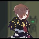  1boy bandaged_neck bandages black_jacket black_shirt blurry blurry_background brown_eyes brown_hair closed_mouth collared_shirt commentary_request e.g.o_(project_moon) employee_(lobotomy_corporation) fur-trimmed_jacket fur_trim hair_over_one_eye harvest_fes jacket letterboxed lobotomy_corporation long_sleeves male_focus open_clothes open_jacket project_moon red_sweater shirt short_hair solo sweater upper_body 
