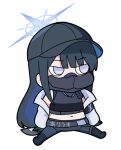 1girl baseball_cap black_footwear black_gloves black_hair black_headwear black_pants black_shirt blue_archive blue_hair boots chibi crop_top full_body gloves grey_eyes halo hat jacket knee_boots long_hair long_sleeves mask midriff mouth_mask multicolored_hair navel nyaru_(nyaru_4126) open_clothes open_jacket pants puffy_long_sleeves puffy_sleeves saori_(blue_archive) shirt simple_background sitting sleeves_past_wrists solo two-tone_hair v-shaped_eyebrows very_long_hair white_background white_jacket 