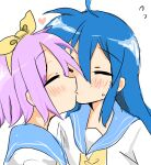  2girls blue_hair blush closed_eyes hair_between_eyes heart highres hiiragi_tsukasa izumi_konata kagamiko_hanana kiss lucky_star mole mole_under_eye multiple_girls purple_hair school_uniform simple_background tagme white_background yuri 