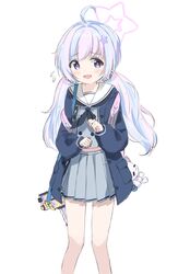  1girl :d ahoge backpack bag bag_charm beads black_coat blue_archive blue_hair charm_(object) coat commentary_request cram960 full_body grey_skirt hair_beads hair_between_eyes hair_bobbles hair_ornament hair_scrunchie halo highres kneehighs light_blue_hair long_hair long_sleeves looking_at_viewer low_twintails midriff midriff_peek multicolored_hair navel open_clothes open_coat pink_hair pleated_skirt purple_hair reisa_(blue_archive) school_uniform scrunchie serafuku shoes sidelocks simple_background skirt smile sneakers socks solo star_(symbol) star_hair_ornament streaked_hair symbol-shaped_pupils twintails two-tone_hair v-shaped_eyebrows violet_eyes white_background 