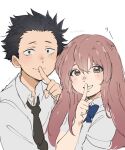  1boy 1girl :d black_eyes black_hair black_necktie blue_bow blue_bowtie bow bowtie collared_shirt finger_to_mouth highres hunnyamai index_finger_raised ishida_shouya koe_no_katachi long_hair looking_at_viewer necktie nishimiya_shouko school_uniform shirt short_hair short_sleeves shushing simple_background smile spiky_hair upper_body white_background white_shirt 