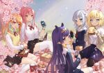  5girls :d alternate_costume aqua_hair basket bento black_pantyhose black_skirt blonde_hair blue_eyes blue_skirt blunt_bangs bottle can cellphone cherry_blossoms chicken_leg chips_(food) chopsticks commentary cup dango day disposable_cup doughnut eating english_commentary flower food food_in_mouth french_fries gawr_gura gradient_hair hair_ornament hairclip hanami holding holding_can holocouncil hololive hololive_english kfp kneehighs long_hair long_sleeves looking_at_viewer mole mole_under_eye mori_calliope multicolored_hair multiple_girls neck_ribbon ninomae_ina&#039;nis nintendo_switch open_mouth orange_hair outdoors pantyhose petals phone pleated_skirt pointy_ears ponytail potato_chips purple_hair red_eyes red_ribbon ribbon sandwich shirt short_hair sidelocks sitting skirt smartphone smile socks strawberry_milk takanashi_kiara ten-chan_(eternal_s) thigh-highs two-tone_hair two_side_up vest violet_eyes wagashi watson_amelia white_hair white_shirt white_socks white_thighhighs wing_collar yellow_vest 