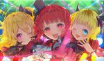  3girls :3 :d arima_kana ascot audience black_bow black_bowtie black_choker black_gloves blonde_hair blue_eyes blunt_bangs blurry blurry_foreground blush bow bowtie bracelet choker commentary_request crossed_bangs demon_horns fake_horns floating_hair frilled_gloves frills gloves glowstick hair_between_eyes hat highres horns hoshino_ruby idol idol_clothes jewelry long_hair looking_at_viewer memcho mini_hat multiple_girls negimapurinn no_pupils one_eye_closed one_side_up open_mouth oshi_no_ko pink_eyes pink_gloves pointing pointing_at_viewer puffy_short_sleeves puffy_sleeves red_brooch red_eyes red_shirt redhead shadow shirt short_hair short_sleeves smile sparkle teeth upper_body upper_teeth_only white_ascot 
