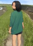  1girl absurdres bare_legs black_hair black_shorts blush feet_out_of_frame fingerless_gloves forehead gloves grass green_skirt highres looking_at_viewer looking_back mmmo3 nail_polish original outdoors shorts skirt smile 