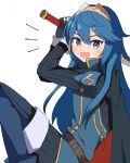  1girl :d belt blue_eyes blue_footwear blue_gloves blue_hair boots brown_belt cape commentary fingerless_gloves fire_emblem fire_emblem_awakening genbu_(user_unhx5348) gloves hair_between_eyes highres holding holding_sword holding_weapon long_hair looking_at_viewer lucina_(fire_emblem) open_mouth smile solo sword thigh_boots tiara weapon white_background 