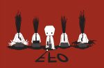  5boys black_eyes burnt_(off) calligraphy_brush claws copyright_name elsen_(off) kneeling male_focus monochrome multiple_boys necktie no_humans object_head off_(game) paintbrush red_background saba_sushi square_head suit writing 