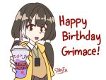  1girl artist_name black_eyes black_hair commentary cup english_commentary english_text girls_frontline grimace_shake_(meme) happy_birthday holding holding_cup id_card jacket long_hair long_sleeves looking_at_viewer meme multicolored_hair open_mouth pleated_skirt ro635_(girls&#039;_frontline) simple_background skirt snafu_(snafy_snu) solo twintails two-tone_hair white_background white_hair yellow_jacket 