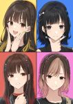  4girls :d aoyama_yoshino black_hair blonde_hair blue_background blue_nails bocchi_the_rock! brown_eyes brown_hair chain_earrings colored_inner_hair earrings grey_eyes grin hands_on_own_face hasegawa_ikumi highres jewelry kanaria_hisagi long_hair mizuno_saku multicolored_hair multiple_girls nail_polish pink_background pink_hair real_life red_background redhead ring short_hair smile streaked_hair suzushiro_sayumi teeth upper_body upper_teeth_only voice_actor yellow_background yellow_nails 