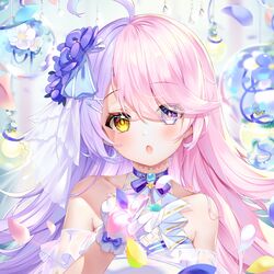  1girl ahoge benghuai_xueyuan blush bride dress flower grey_eyes hair_flower hair_ornament heterochromia highres honkai_(series) honkai_impact_3rd long_hair multicolored_hair off-shoulder_dress off_shoulder open_mouth petals pink_hair purple_flower purple_hair sin_mal sin_mal0909 solo split-color_hair white_dress white_flower yellow_eyes 