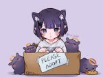  1girl animal_ear_fluff animal_ears blue_eyes blush box cardboard_box cat_ears cat_girl chocolate_chip_cookie collarbone cookie eating facial_mark fang food for_adoption gradient_hair hair_ornament halo highres hololive hololive_english multicolored_hair ninomae_ina&#039;nis ninomae_ina&#039;nis_(5th_costume) orange_hair pointy_ears purple_background purple_hair rie_ccat shirt short_hair takodachi_(ninomae_ina&#039;nis) tentacle_hair twitter_username whisker_markings white_shirt 