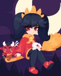  1girl ascot ashley_(warioware) black_hair broom broom_riding clouds crescent_moon doll full_body jewelry leggings long_sleeves looking_at_viewer minimilieu moon necklace night pantyhose pixel_art red_eyes red_footwear red_shirt shirt skull_necklace tree twintails warioware yellow_ascot 