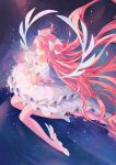  1girl absurdly_long_hair bow dress gloves goddess_madoka hair_bow highres kaname_madoka koichame layered_sleeves legs long_hair mahou_shoujo_madoka_magica pink_gemstone pink_hair sidelocks socks solo soul_gem swept_bangs two_side_up very_long_hair white_bow white_dress white_gloves white_socks white_wings wide_sleeves wings yellow_eyes 