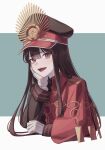  1girl black_hair black_headwear cape facing_viewer fate/grand_order fate_(series) gloves hat long_hair oda_nobunaga_(fate) oda_uri red_cape red_eyes simple_background smile solo teeth upper_teeth_only white_gloves yzrh0 