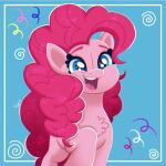  1girl blue_background blue_eyes highres looking_at_viewer my_little_pony my_little_pony:_friendship_is_magic open_mouth pink_hair pinkie_pie pony_(animal) puyonifyyyc solo teeth upper_teeth_only 