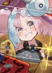  1girl blue_hair cellphone coat glowing grin highres iono_(pokemon) katsu_(katsupainter) livestream long_hair mismagius multicolored_hair phone pink_hair pokemon pokemon_(creature) pokemon_(game) pokemon_sv rotom rotom_phone sleeves_past_fingers sleeves_past_wrists smartphone smile tera_orb two-tone_hair violet_eyes yellow_coat 