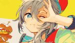  1boy 4_(nakajima4423) blue_eyes blue_jacket blush burger closed_mouth ensemble_stars! food green_jacket grey_hair holding holding_food jacket looking_at_viewer male_focus multicolored_background multicolored_clothes multicolored_jacket ok_sign ok_sign_over_eye one_eye_closed red_headwear red_jacket shiina_niki shirt solo star-shaped_pupils star_(symbol) symbol-shaped_pupils white_background white_shirt yellow_background 