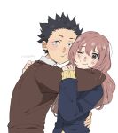  1boy 1girl black_eyes black_hair blue_jacket brown_eyes brown_hair brown_jacket cheek-to-cheek closed_mouth collared_shirt heads_together highres hug hunnyamai ishida_shouya jacket koe_no_katachi long_hair long_sleeves looking_at_viewer nishimiya_shouko one_eye_closed school_uniform shirt short_hair simple_background smile solo spiky_hair sweater white_background white_shirt yellow_sweater 