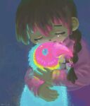  1girl animal_hug blue_background braid brown_hair closed_eyes closed_mouth commentary crying facing_viewer furrowed_brow glowing hair_over_shoulder highres long_hair long_sleeves madotsuki neon_parrot_(yume_nikki) niwasakino_daei print_sweater raised_eyebrows signature solo sweater turtleneck turtleneck_sweater twin_braids upper_body yume_nikki 