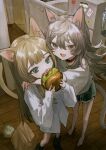  2girls :d animal_ear_fluff animal_ears arm_around_shoulder bag brown_eyes brown_hair burger cabbage cat_ears cat_girl cat_tail collar collared_shirt dolphin_shorts food food_on_face green_eyes grey_hair hair_between_eyes highres holding holding_food hug komenomoku long_hair looking_at_viewer multiple_girls open_mouth original paper_bag red_collar refrigerator shirt short_sleeves shorts sink sleeves_past_wrists smile tail wooden_floor 