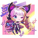  1girl :q animal_ears bare_shoulders black_dress blush blush_stickers brown_hair cat_ears character_name chibi detached_sleeves dress drill_hair fake_animal_ears grey_hair gwen_(league_of_legends) highres holding holding_scissors league_of_legends low_twintails multicolored_background one_eye_closed scissors smile solo soul_fighter_gwen striped_sleeves tongue tongue_out twin_drills twintails white_dress yuhiko_(unayuhi) 