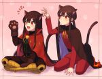  1boy 1girl animal_ears animal_hands belt black_hair cat_boy cat_ears cat_girl cat_paws cat_tail fang fang_out fate/grand_order fate_(series) gold_footwear long_hair oda_nobukatsu_(fate) oda_nobunaga_(fate) pink_background red_eyes siblings tail yzrh0 