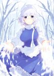  1girl absurdres apron bare_tree blue_skirt blue_vest breasts curvy hat highres ice lapel_pin large_breasts letty_whiterock light_purple_hair long_sleeves medium_hair outstretched_arms puffy_short_sleeves puffy_sleeves scarf shirt short_sleeves skirt skirt_set smile snow solo touhou tree vest violet_eyes waist_apron wavy_hair weeniedesu white_apron white_hair white_headwear white_scarf white_shirt 