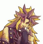  1boy blonde_hair bracelet dyed_bangs facial_mark hachiko_(wakadanna789) hand_on_own_face jacket jewelry long_hair male_focus paradox_(yu-gi-oh!) simple_background solo spiked_bracelet spikes spiky_hair studded_jacket upper_body white_background yellow_eyes yu-gi-oh! yu-gi-oh!_3d_bonds_beyond_time 