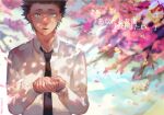  1boy :d black_eyes black_hair black_necktie blurry blurry_background branch cherry_blossoms christon-clivef collared_shirt english_commentary ishida_shouya koe_no_katachi looking_at_viewer male_focus necktie open_mouth school_uniform shaded_face shadow shirt short_hair smile solo spiky_hair white_shirt 