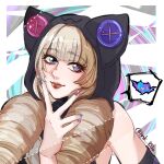  1girl bare_shoulders black_hood blue_eyes brown_hair closed_mouth detached_sleeves green_eyes grey_hair gwen_(league_of_legends) hand_up highres hood hood_up league_of_legends looking_at_viewer multicolored_background nail_polish nkbba pink_nails smile solo soul_fighter_gwen speech_bubble upper_body v white_background 