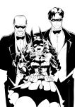  1girl 2boys :d absurdres alfred_pennyworth animal_print bald bat-ojousan bat_print batman_(series) belt blazer bow bowtie bracer breasts closed_mouth commentary dc_comics dick_grayson domino_mask dress dress_shirt facial_hair fingerless_gloves formal gloves greyscale hand_on_own_hip highres jacket lace-up_top large_breasts long_hair long_sleeves looking_at_viewer mask medium_dress monochrome multiple_boys mustache ojou-sama_pose open_mouth pants ringlets shinkuukan_(tetsuo3) shirt short_hair smile smirk standing tuxedo utility_belt vest wing_collar 