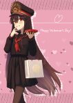  1girl bag black_hair black_headwear english_text fate/grand_order fate_(series) handbag happy_valentine hat highres leggings licking_lips long_hair oda_nobunaga_(fate) oda_uri red_eyes school_uniform smile solo tongue tongue_out yzrh0 