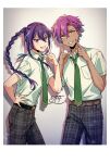  2boys belt black_belt braid braided_ponytail breast_pocket brown_belt brown_eyes buttons commentary_request cowboy_shot dark_skin ensemble_stars! fingernails green_necktie hair_between_eyes hand_on_own_hip highres index_finger_raised kanzaki_souma long_hair looking_at_viewer male_focus multiple_boys necktie open_collar otogari_adonis pants partial_commentary plaid plaid_pants pocket purple_hair school_uniform shirt short_hair short_sleeves single_braid smile teeth user_vzxu4543 violet_eyes white_shirt yumenosaki_school_uniform 