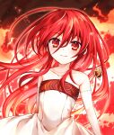  1girl alternate_costume dress elbow_gloves fire gloves highres jewelry long_hair looking_at_viewer pendant red_eyes redhead shakugan_no_shana shana smile solo strapless strapless_dress tachitsu_teto very_long_hair white_dress white_gloves 