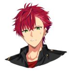  1boy anger_vein clenched_teeth collared_shirt commentary_request ear_piercing earrings green_eyes helios_rising_heroes highres jewelry looking_at_viewer male_focus otori_akira partial_commentary piercing portrait redhead sekina shirt short_hair simple_background solo teeth white_background 