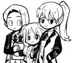  1boy 2girls closed_mouth coat collared_shirt commentary_request e.g.o_(project_moon) employee_(lobotomy_corporation) fur_jacket greyscale hands_in_pockets hatake_shimeji jacket lobotomy_corporation long_hair long_sleeves lowres monochrome multiple_girls necktie no_nose open_clothes open_coat ponytail project_moon shirt short_hair simple_background sketch smile two_side_up v-shaped_eyebrows vest white_background 