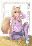  1girl amulet animal_ears blonde_hair hay highres holo jewelry line4x long_hair looking_at_viewer necklace no_socks red_eyes solo spice_and_wolf tail wolf_ears wolf_girl wolf_tail 