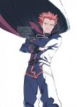  1boy belt black_cape black_eyes cape closed_mouth commentary crossed_arms floating_cape jacket kusuribe lance_(pokemon) long_sleeves looking_down male_focus pants pink_hair pokemon pokemon_(game) pokemon_hgss short_hair simple_background smile solo spiky_hair watermark white_background 