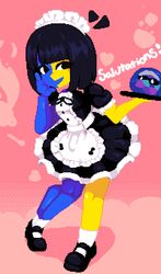  ahoge alternate_costume asymmetrical_hair black_eyes black_hair blue_skin colored_skin dithering ena_(joel_g) ena_(series) enmaided holding looking_at_viewer maid maid_headdress mariya_(joel_g) minimilieu multicolored_skin open_mouth pixel_art smile solo uneven_eyes yellow_skin 