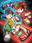  2boys backwards_hat bakusou_kyoudai_let&#039;s_&amp;_go!! black_hair blue_eyes blue_footwear blue_gloves brothers buster_sonic car clenched_hands dated gloves goggles goggles_on_head green_footwear green_headwear green_pants green_shorts grin hat highres male_child male_focus motor_vehicle multiple_boys pants partially_fingerless_gloves pocket race_vehicle racecar reaching red_eyes red_gloves red_shirt seiba_gou seiba_retsu shirt short_sleeves shorts shuu_come siblings signature smile socks spiky_hair vest white_shirt white_socks yellow_vest 