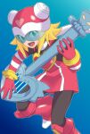 1girl :d black_bodysuit blonde_hair blue_background bodysuit dress green_eyes guitar harp_note heart helmet highres holding holding_instrument inemuri-george-guren-san instrument looking_at_viewer mega_man_(series) mega_man_star_force open_mouth pink_dress pink_headwear short_hair smile solo sonia_strumm_(mega_man) teeth upper_teeth_only