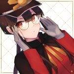  1boy black_hair cape family_crest fate/grand_order fate_(series) glasses gloves hat long_hair long_sleeves oda_nobukatsu_(fate) peaked_cap red_eyes red_shirt shirt simple_background solo very_long_hair white_gloves yzrh0 