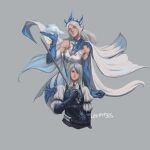  1girl 2girls blonde_hair blue_eyes blue_gloves blue_vest breath dress final_fantasy final_fantasy_xvi gloves grey_background grey_hair highres ice jill_warrick leekypooart long_hair looking_at_viewer multiple_girls pointy_ears puffy_sleeves rapier shiva_(final_fantasy) simple_background standing sword upper_body vest weapon white_dress 